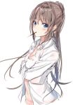  1girl blue_eyes blush breasts brown_hair cleavage food food_in_mouth highres long_hair long_sleeves na_kyo open_clothes original pocky pocky_day ponytail shirt white_shirt 