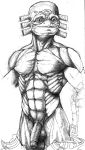  abs alien balls belt biceps bottomwear clothing hi_res humanoid humanoid_penis looking_at_viewer male monochrome muscular muscular_male nathanwilliamsak not_furry nude pecs penis simple_background smile solo standing traditional_media_(artwork) 