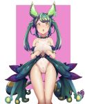  !! 1girl absurdres bangs bare_shoulders blush breasts cameltoe chestnut_mouth clenched_hands covered_navel feet_out_of_frame fur_trim green_hair highres horns house88812317 legs legs_together leotard looking_at_viewer monster_hunter monster_hunter:_world multicolored_hair navel nose_blush open_mouth outside_border personification pink_background pukei-pukei purple_hair shiny shiny_skin showgirl_skirt skin_tight solo sweat tail teeth thigh_gap twintails two-tone_background white_leotard yellow_eyes 