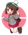  1girl :d bag bangs blush boots brown_eyes brown_footwear brown_hair cardigan collared_dress commentary_request dress eyebrows_visible_through_hair female_protagonist_(pokemon_swsh) full_body green_headwear green_legwear grey_cardigan highres hood hood_down hooded_cardigan long_sleeves naga_u open_mouth pink_dress plaid plaid_legwear pokemon pokemon_(game) pokemon_swsh smile socks solo tam_o&#039;_shanter white_background 