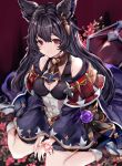  1girl animal_ears black_hair breasts cleavage commentary_request cravat flower granblue_fantasy highres hinahino long_hair looking_at_viewer medium_breasts nier_(granblue_fantasy) red_eyes scrunchie sitting smile solo wariza wrist_scrunchie 