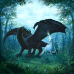  1:1 ambiguous_gender arkaedri claws day detailed_background digital_media_(artwork) dragon duo equid feral forest grass hooves horn mammal membrane_(anatomy) membranous_wings outside tree unicorn wings 