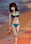  1girl absurdres aozaki_aoko bikini blue_bikini blue_eyes breasts brown_hair cleavage cloud cqqz0707 highres large_breasts long_hair looking_at_viewer mahou_tsukai_no_yoru navel open_mouth sandals solo standing standing_on_one_leg sunset surfboard swimsuit thigh_gap thighs 