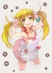  1girl :d bana_(stand_flower) bangs blonde_hair blush_stickers bunching_hair commentary cropped_legs dress fang highres long_hair looking_at_viewer monogatari_(series) open_mouth oshino_shinobu pointy_ears simple_background smile solo yellow_eyes 