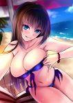  1girl :p adjusting_clothes adjusting_swimsuit akeyama_kitsune aozaki_aoko beach beach_umbrella blue_eyes blue_sky blush breasts brown_hair cleavage cloud front-tie_bikini front-tie_top large_breasts looking_at_viewer mahou_tsukai_no_yoru naughty_face ocean palm_tree sand shore side-tie_bottom sky solo swimsuit tongue tongue_out tree umbrella water 