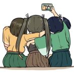  3girls blue_hair brown_hair brown_hakama cellphone cowboy_shot from_behind gradient_hair green_hakama green_kimono grey_kimono hakama hakama_skirt hiryuu_(kantai_collection) holding holding_cellphone holding_phone japanese_clothes kantai_collection kimono koopo long_hair lowres multicolored_hair multiple_girls one_side_up phone self_shot short_hair sitting smartphone souryuu_(kantai_collection) twintails yellow_kimono zuikaku_(kantai_collection) 
