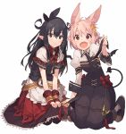  2girls animal_ears black_eyes black_hair blush dress hair_ornament hair_ribbon highres long_hair multiple_girls narumi_arata original pink_hair red_eyes ribbon short_hair tail wings 