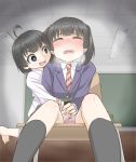  2girls ahoge bangs barefoot black_eyes black_hair black_legwear blue_jacket blush bow bow_panties breath chair chalkboard classroom closed_eyes commentary_request drooling embarrassed fingering flat_chest floating ghost green_skirt hair_tie hand_under_clothes happy haragon have_to_pee highres indoors jacket kneehighs light_blush long_sleeves looking_at_another miniskirt multiple_girls necktie nose_blush open_mouth original panties pantyshot pantyshot_(sitting) peeing peeing_self pink_panties plaid plaid_skirt pleated_skirt red_neckwear saliva school_uniform shiny shiny_hair shirt short_hair sitting skirt smile sweat tears teeth textless tied_hair twintails underwear upskirt wet wet_clothes wet_panties white_shirt yuri 
