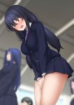  4girls bangs between_legs black_hair blue_hair blue_jacket blue_skirt blurry blurry_background blush breasts brown_hair commentary_request embarrassed eyebrows_visible_through_hair from_below hand_between_legs hands_together have_to_pee highres jacket leaning_forward long_hair long_sleeves looking_down maanii medium_breasts miniskirt multiple_girls necktie nose_blush open_mouth original peeing peeing_self pleated_skirt purple_hair purple_neckwear red_eyes school_uniform shiny shiny_hair shirt skirt solo_focus steam tears teeth v_arms white_shirt wide-eyed 