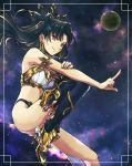  1girl armlet asymmetrical_legwear asymmetrical_sleeves bangs bare_shoulders black_hair breasts bridal_gauntlets crown earrings elbow_gloves eyebrows_visible_through_hair fate/grand_order fate_(series) gloves hair_ribbon high_heels highres hoop_earrings ishtar_(fate/grand_order) jewelry large_breasts long_hair looking_at_viewer neck_ring parted_bangs red_eyes ribbon single_elbow_glove single_thighhigh smile solo tanedahiwa_(carduelini) thighhighs two_side_up 