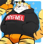  2019 anthro blush butt clothing felid hoodie hyaku_(artist) male mammal overweight overweight_male pantherine text tiger topwear underwear 