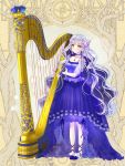  1girl blue_choker blue_dress bow braid breasts choker cleavage crown_braid dairoku_youhei dress earrings frills full_body hair_bow harp instrument jewelry long_hair looking_at_viewer necklace nyan5000 official_art pink_bow silver_hair solo standing very_long_hair wristband yellow_eyes 