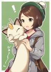  ! 1girl :o absurdres bag brown_eyes brown_hair cardigan cat closed_eyes female_protagonist_(pokemon_swsh) hat highres meowth nyasunyadoora open_mouth pokemon pokemon_(game) pokemon_swsh short_hair solo sweatdrop 