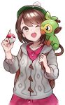  1girl ;d absurdres bag brown_eyes brown_hair female_protagonist_(pokemon_swsh) grookey highres one_eye_closed open_mouth pokemon pokemon_(game) pokemon_swsh short_hair smile solo ta938_ka23 