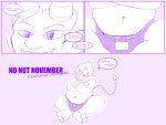  2019 3_toes 4:3 4_fingers bottomwear bulge chain clothing comic crossed_arms demon digital_media_(artwork) english_text fatzoimp fingers hair hi_res horn humanoid ico_(fatzoimp) imp male monochrome no_nut_november not_furry overweight overweight_male sharp_teeth shorts simple_background sitting sketch slightly_chubby smile solo spade_tail speech_bubble teeth text tight_clothing toes 