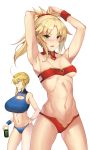  1girl absurdres ahoge artoria_pendragon_(all) artoria_pendragon_(lancer) bangs bare_shoulders blonde_hair blue_panties bra braid breasts can cleavage collarbone commentary_request crown eyebrows_visible_through_hair fate/apocrypha fate/grand_order fate_(series) green_eyes hair_between_eyes hair_ornament hair_scrunchie highres holding holding_can huge_breasts large_breasts long_hair looking_at_viewer monster_energy mordred_(fate) mordred_(fate)_(all) navel nekosama_shugyouchuu panties parted_bangs ponytail red_bra red_panties red_scrunchie scrunchie sidelocks simple_background underwear white_background 