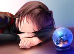  1girl akeyama_kitsune aozaki_aoko brown_hair closed_eyes dress head_rest long_hair mahou_tsukai_no_yoru red_dress sleeping smile snow_globe solo 