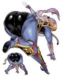  1girl ass bent_over blonde_hair bodysuit commentary_request doboshiru fingerless_gloves gloves hair_over_one_eye highres looking_at_viewer scarf sheik simple_background solo super_smash_bros. the_legend_of_zelda thick_thighs thighs white_background 