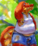  alligator alligatorid belly briefs bulge clothed clothing crocodilian hi_res luteplayer male moobs overweight painting reptile scalie slightly_chubby smile solo teeth traditional_media_(artwork) underwear 