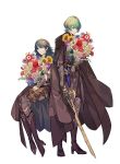  1boy 1girl a082 armor black_cape blue_eyes blue_hair byleth_(fire_emblem) byleth_(fire_emblem)_(female) byleth_(fire_emblem)_(male) cape closed_mouth dagger fire_emblem fire_emblem:_three_houses flower high_heels holding holding_sword holding_weapon medium_hair pantyhose sheath sheathed short_hair simple_background sitting sword weapon white_background 