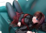  1girl akeyama_kitsune aozaki_aoko blue_eyes blush breasts brown_hair couch dress large_breasts looking_at_viewer lying mahou_tsukai_no_yoru on_couch on_side red_dress smile solo strap_slip 