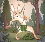  2019 absurd_res anthro bow_(weapon) claws disney duo edisonfox fan_character feral forest fur grass green_body head_tuft hi_res lagomorph leporid light lighting mammal multicolored_body multicolored_fur outside pink_nose plant rabbit ranged_weapon reptile rock scalie scuppie_(edisonfox) scut_tail sky tan_body tan_fur tree tuft turtle two_tone_body two_tone_fur walking weapon white_body white_fur zootopia 