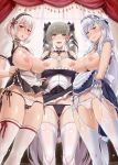  3girls :d :o apron azur_lane bangs bare_shoulders belfast_(azur_lane) between_breasts black_dress black_panties blue_eyes blush bow bow_panties braid breasts breasts_outside chain choker cleavage collar collarbone curtains darkmaya dress dress_lift dress_pull earrings eyebrows_visible_through_hair formidable_(azur_lane) french_braid frilled_dress frills garter_belt gloves grey_hair groin hair_between_eyes hair_ribbon hairband jewelry large_breasts lifted_by_self long_hair long_sleeves looking_at_viewer maid maid_headdress multiple_girls nipples open_mouth panties puffy_sleeves pussy_juice red_eyes ribbon short_hair short_sleeves side-tie_panties silver_hair sirius_(azur_lane) smile thighhighs twintails two-tone_dress two-tone_ribbon underwear very_long_hair white_dress white_gloves white_hair white_legwear window 