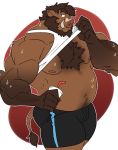  2017 beard belly big_muscles bodily_fluids bottomwear broody brown_body brown_fur brown_hair clothing facial_hair fur hair looking_at_viewer male mammal musclegut muscular muscular_male nipples nomorebiscuit shirt shorts solo standing suid suina sus_(pig) sweat tank_top topwear tusks wild_boar 