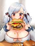  1girl absurdres bacon bangs bare_shoulders beef bikini black_ribbon blush breast_rest breasts cheese cleavage eating eyebrows_visible_through_hair flower food food_on_breasts french_fries girls_frontline hair_flower hair_ornament hair_ribbon hamburger heart highres holding holding_food large_breasts lettuce long_sleeves noixen off_shoulder red_eyes ribbon short_hair sign silver_hair solo spas-12_(girls_frontline) strapless strapless_bikini swept_bangs swimsuit table tomato upper_body white_bikini white_flower 