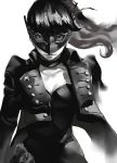  1girl bangs blazpu breasts cleavage floating_hair highres looking_at_viewer mask monochrome persona persona_5 persona_5_the_royal ponytail solo staring upper_body white_background yoshizawa_kasumi 