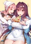  2girls alternate_costume breasts buttons cleavage_cutout closed_eyes coat commentary_request covered_navel eating eyebrows_visible_through_hair fate/grand_order fate_(series) food fur_trim hair_intakes hat kanola_u large_breasts long_hair medb_(fate)_(all) multiple_girls open_mouth pink_hair pizza purple_hair red_eyes scathach_(fate)_(all) scathach_(fate/grand_order) simple_background sweater turtleneck turtleneck_sweater yellow_background 