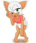  2018 5_fingers anthro barefoot black_nose chiropteran clothing diaper feet female fingers fur green_eyes hi_res looking_at_viewer mammal one_eye_closed paddedulf rouge_the_bat shirt sonic_the_hedgehog_(series) standing tongue tongue_out topwear white_body white_fur 
