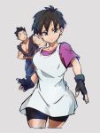  1boy 1girl bangs bike_shorts black_hair blue_eyes dragon_ball dragon_ball_z fingerless_gloves gloves kemachiku shirt short_hair short_sleeves simple_background son_gohan videl white_shirt 