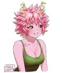  1girl :d antennae artist_name ashido_mina bangs black_scarf boku_no_hero_academia breasts carlo_montie cleavage collarbone eyebrows_visible_through_hair grin medium_breasts monster_girl open_mouth pink_hair pink_skin scarf short_hair simple_background smile solo tank_top teeth upper_body white_background yellow_eyes 
