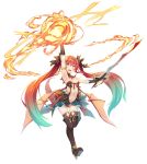  1girl absurdres aqua_hair arm_up armlet armpits black_legwear boots breasts charme_(sennen_sensou_aigis) detached_collar dragon_girl dragon_horns dragon_tail fire full_body gloves gradient_hair highres holding holding_sword holding_weapon horns long_hair multicolored_hair nanahara_fuyuki navel official_art open_mouth pointy_ears red_tail red_wings sennen_sensou_aigis simple_background small_breasts solo sword tachi-e tail thigh_boots thighhighs twintails weapon white_background wings 
