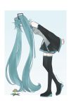  1girl absurdly_long_hair arms_behind_back bare_shoulders black_legwear black_skirt blue_background blue_eyes blue_hair blue_nails blue_neckwear breasts covered_mouth dandelion detached_sleeves expressionless fingernails flower from_side full_body grey_shirt hands_clasped hatsune_miku interlocked_fingers leaf leaning leaning_forward long_hair looking_down manarona necktie own_hands_together pale_skin pleated_skirt profile shirt simple_background skirt small_breasts solo standing standing_on_one_leg thighhighs twintails twitter_username two-tone_background very_long_hair vocaloid white_background yellow_flower zettai_ryouiki 