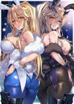  2girls :o animal_ears artoria_pendragon_(all) artoria_pendragon_(lancer_alter) artoria_pendragon_(swimsuit_ruler)_(fate) ass bangs bare_shoulders black_legwear blonde_hair blue_legwear blush braid breasts bunny_ears bunnysuit detached_collar fate/grand_order fate_(series) feather_boa fishnets from_behind green_eyes hair_between_eyes highres horns large_breasts leotard long_hair looking_at_viewer looking_back moze multiple_girls necktie pantyhose parted_lips ponytail purple_leotard sidelocks smile sweat thigh_strap white_leotard wrist_cuffs yellow_eyes 