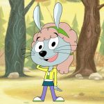  1:1 accessory alternate_costume amber_(camp_lazlo) black_eyes bottomwear brown_hair camp_lazlo cartoon_network child clothing curled_hair female forest fur grey_body grey_fur hair headband hi_res lagomorph leporid mammal rabbit skirt smile tree unknown_artist whiskers young 