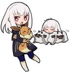  1girl artist_name closed_eyes closed_mouth do_m_kaeru eevee fire_emblem fire_emblem:_three_houses garreg_mach_monastery_uniform gen_1_pokemon gen_8_pokemon holding holding_pokemon long_hair long_sleeves lysithea_von_ordelia open_mouth pink_eyes pokemon pokemon_(creature) seiyuu_connection simple_background uniform white_background white_hair wooloo yuuki_aoi 