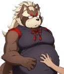  2019 aaassstaro anthro belly blush brown_body brown_fur canid canine fur goemon_(tas) humanoid_hands male mammal overweight overweight_male raccoon_dog simple_background tanuki tokyo_afterschool_summoners video_games white_background 
