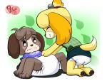  2019 absurd_res animal_crossing anthro bell black_nose blush bottomwear brother brown_body brown_fur canid canine canis clothing diaper digby_(animal_crossing) domestic_dog duo embarrassed eyes_closed female fur furgonomics hand_on_diaper hi_res isabelle_(animal_crossing) kneeling lying male mammal nintendo on_back paddedulf pawpads paws shih_tzu shirt sibling sister skirt spread_legs spreading topwear toy_dog video_games yellow_body yellow_fur 
