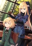  2girls absurdres bangs beret black_headwear black_legwear blonde_hair blue_coat blue_eyes blue_jacket breasts brown_gloves closed_mouth dual_persona fate_(series) gloves green_jacket grey_flower hair_brush hat highres jacket long_hair lord_el-melloi_ii_case_files multiple_girls one_eye_closed open_mouth pantyhose reines_el-melloi_archisorte smile tilted_headwear window younger yuuuuu 