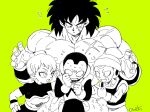  1girl 3boys :o armor black_eyes black_hair broly_(dragon_ball_super) cheelai chest_scar clenched_hands collarbone commentary_request cowering d: dragon_ball dragon_ball_super_broly expressionless eyelashes facial_scar fingernails flying_sweatdrops ginga_patrol_jaco gloves green_background hand_on_another&#039;s_back hand_on_another&#039;s_shoulder hand_on_hip hands_up hat height_difference jaco_(ginga_patrol_jaco) lemo_(dragon_ball) looking_at_another looking_down messy_hair monochrome multiple_boys muscle nervous nipples open_mouth outsuki parted_lips pointing scar scar_on_cheek scared shirtless short_hair simple_background smile spot_color standing sweat sweatdrop twitter_username upper_body very_short_hair white_gloves wristband 