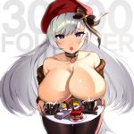  1girl absurdres aran_sweater azur_lane belfast_(azur_lane) belfast_(shopping_with_the_head_maid)_(azur_lane) beret blush breasts breasts_outside brown_sweater cake choker cleavage collarbone cup earrings food hat heart heart-shaped_pupils highres holding holding_tray hoop_earrings jewelry lactation large_breasts long_hair looking_at_viewer milk off-shoulder_sweater off_shoulder open_mouth pantyhose powergene silver_hair skirt solo sweater symbol-shaped_pupils tray 