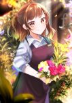  1girl absurdres apron black_apron blush bouquet brown_hair day earrings florist flower gradient_hair highres holding holding_bouquet jewelry medium_hair mole mole_under_eye multicolored_hair original red_earrings shirt smile solo standing stud_earrings white_shirt witchdalisweet 