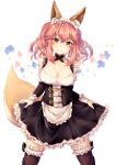  1girl alternate_costume animal_ear_fluff animal_ears apron black_dress black_legwear breasts collarbone cowboy_shot detached_collar detached_sleeves dress enmaided fate/extella fate/extra fate_(series) fox_ears fox_girl fox_tail frilled_apron frills highres maid maid_apron maid_headdress medium_breasts pink_hair short_dress sidelocks simple_background solo tail tamamo_(fate)_(all) tamamo_no_mae_(fate) thighhighs twintails waist_apron watanai72 white_apron white_background yellow_eyes 