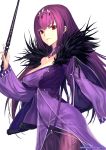 1girl absurdres bangs breasts cleavage dress fate/grand_order fate_(series) feather_trim hair_between_eyes headpiece highres holding holding_wand large_breasts looking_at_viewer ninnin_(shishitou) parted_lips purple_dress purple_hair red_eyes scathach_(fate)_(all) scathach_skadi_(fate/grand_order) simple_background solo tiara wand white_background 