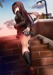  1girl akeyama_kitsune aozaki_aoko black_jacket black_legwear black_skirt blue_eyes blush brown_footwear brown_hair jacket kneehighs lamppost loafers long_hair mahou_tsukai_no_yoru miniskirt open_mouth shoes skirt solo stairs 