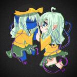  2girls ahoge bangs black_headwear blue_eyes blue_skin chinese_commentary collared_shirt colored_skin commentary_request cyclops eyeball eyebrows_visible_through_hair frilled_shirt_collar frilled_sleeves frills green_hair green_skirt hair_between_eyes hat hat_ribbon heart heart_ahoge heart_of_string highres komeiji_koishi long_sleeves multiple_girls multiple_persona muxu_0216 one-eyed pointy_ears ribbon shirt skirt third_eye touhou wavy_hair wide_sleeves yellow_ribbon yellow_shirt 