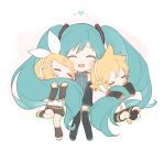  1boy 2girls :d ^_^ belt black_legwear blonde_hair blue_hair blue_neckwear blush chibi closed_eyes covered_mouth crossed_legs detached_sleeves expressionless full_body gradient gradient_background grey_shirt hair_between_eyes hair_grab hair_ornament hair_ribbon hairclip hands_on_lap happy hatsune_miku headset heart kagamine_len kagamine_rin leg_up leg_warmers light_particles long_hair manarona multiple_girls necktie open_mouth pink_background ribbon shirt short_hair shorts simple_background sitting smile thighhighs twintails u_u very_long_hair vocaloid white_background white_footwear white_ribbon yellow_neckwear 